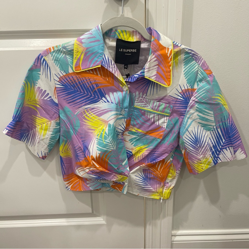 Le Superbe Desert Palms Tropical Print Camp Style Cropped Shirt Sz 2